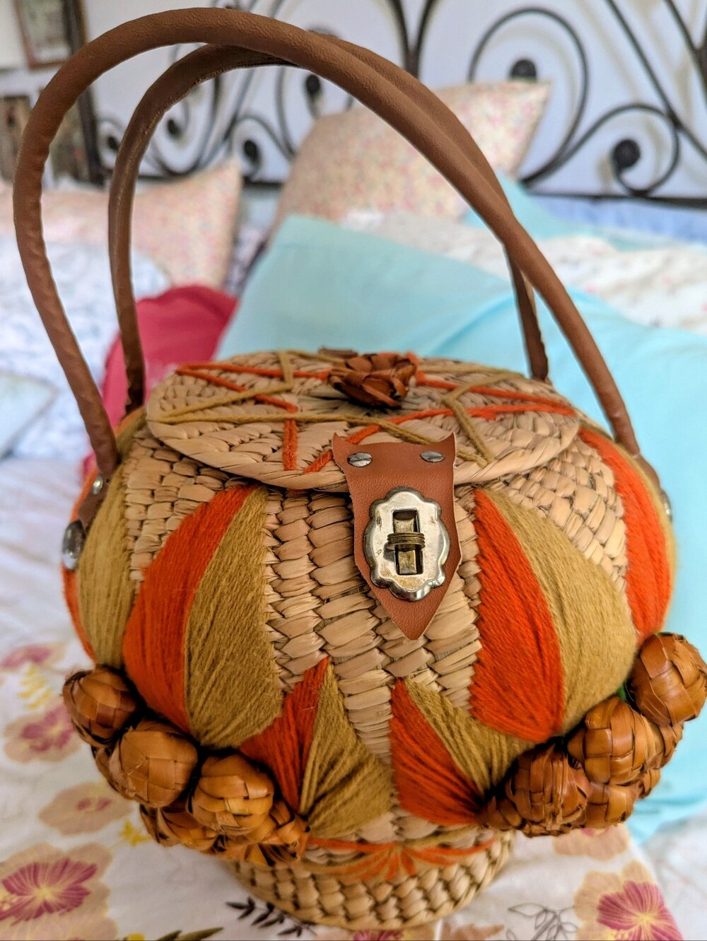 Vintage 1960's 1970's Woven Straw Orange & Yellow Yarn Floral Handbag